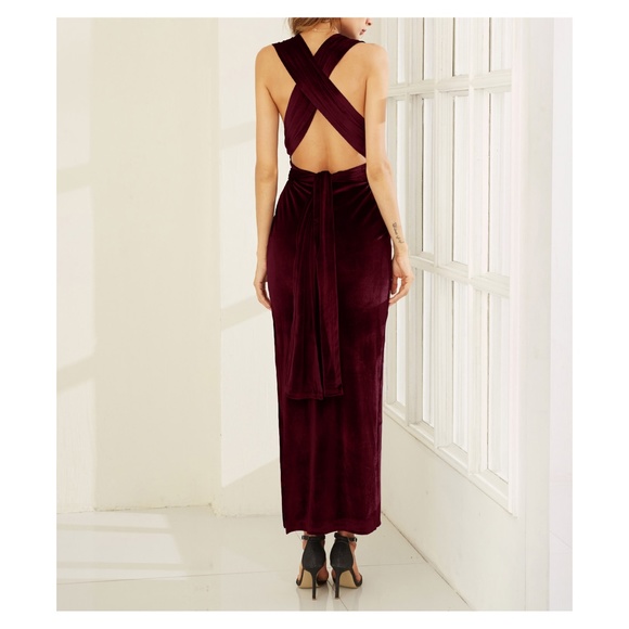 Burgundy Red Slit Convertible Maxi Velvet Dress - Picture 3 of 6